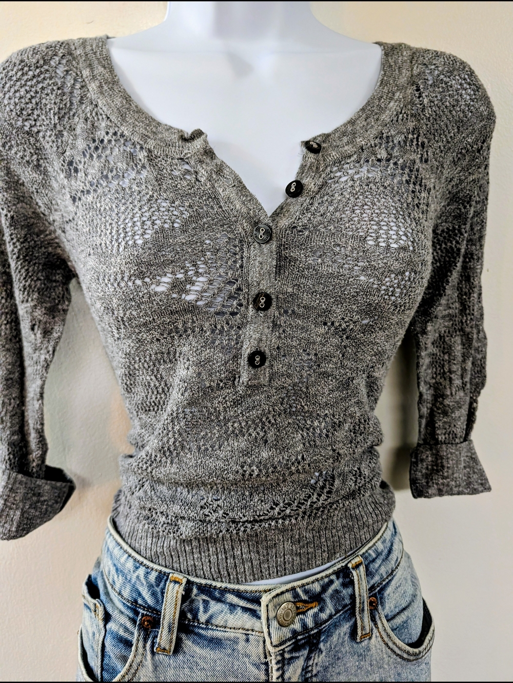 American Eagle Y2K Open-Knit Henley Sweater